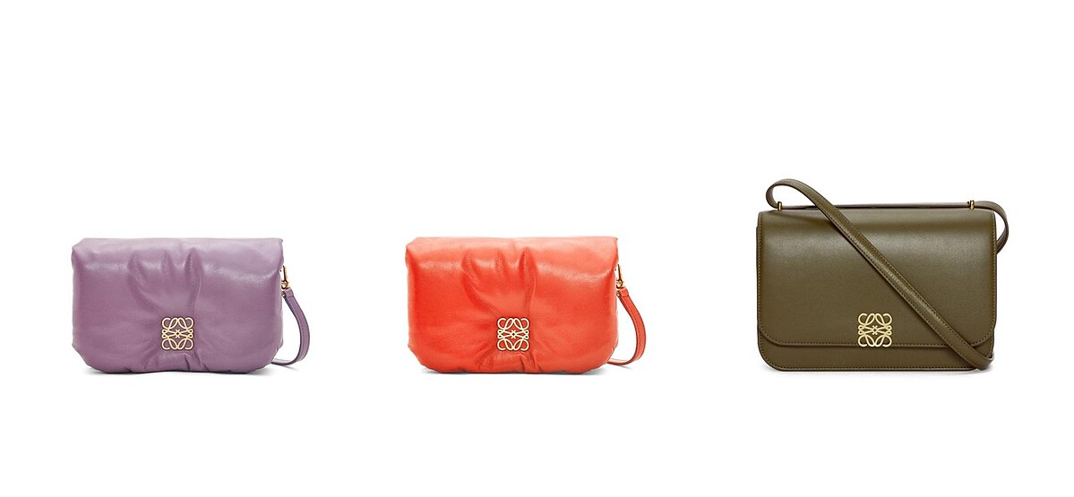 Goya puffer橙黃橘迷你款納帕小羊皮肩背包、Goya puffer薰衣草紫迷你款納帕小羊皮肩背包、Goya卡其綠小牛皮肩背包