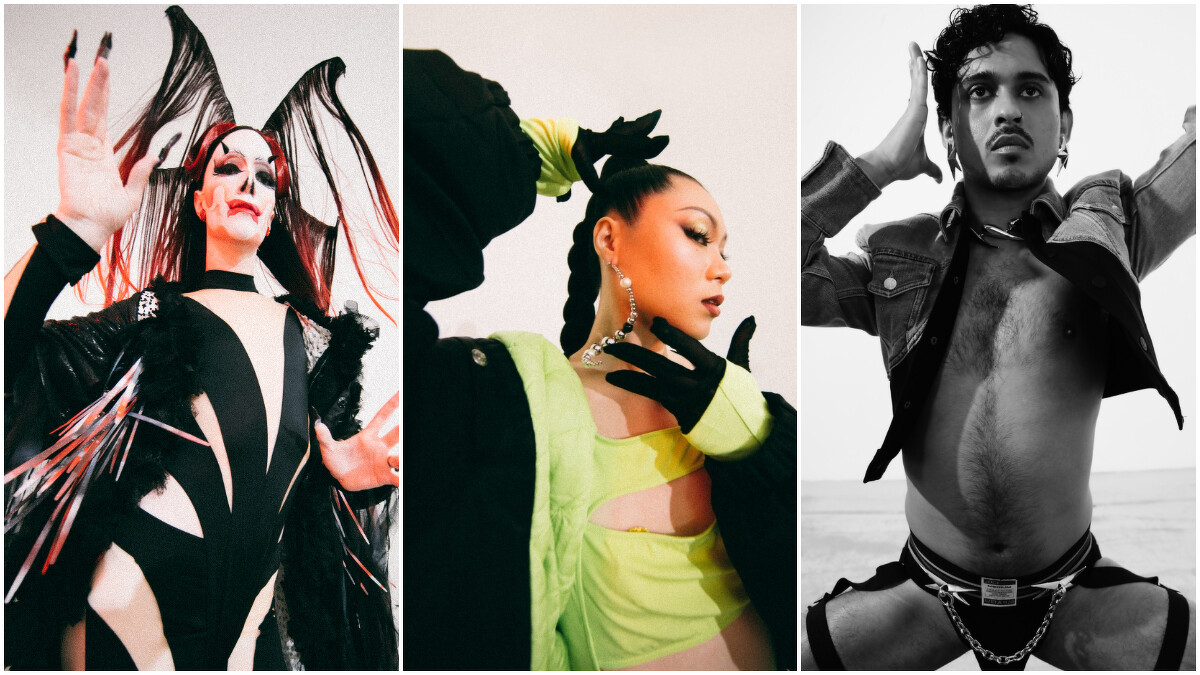 （Popcorn ）剪裁連體衣、剪裁踩腳褲襪 ，both by Mugler H&M。(Sann 007 )珍珠造型耳環 by zeit；螢光綠連體衣、剪裁黑絲褲、飛行外套 ，all by Mugler H&M。 （Berto Vase ）剪裁牛仔外套、造型項鍊、變形星星別針鏈飾、星星耳環，all by Mugler H&M。 