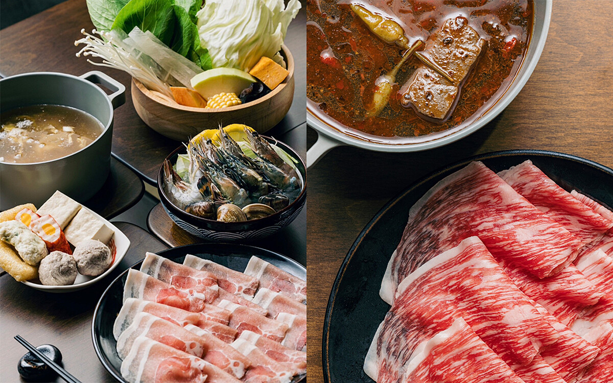 左為經典的酸白菜湯底火鍋，右為泡椒麻辣湯底火鍋。