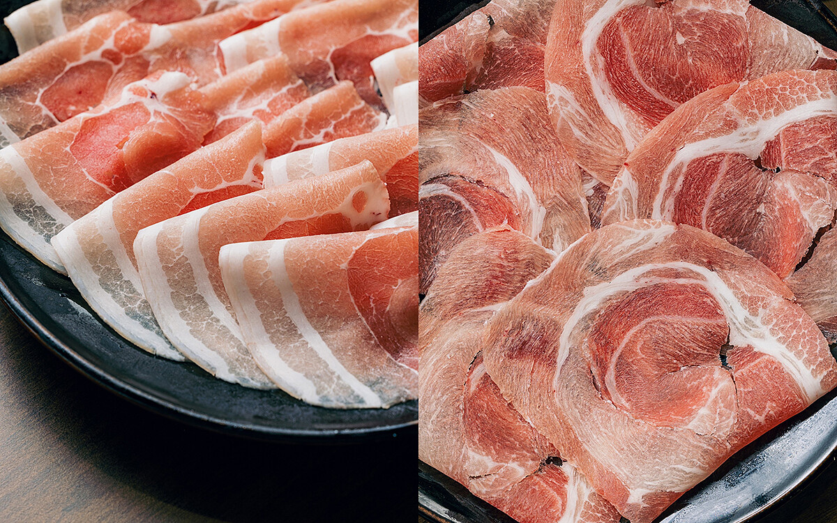左為究好帶皮豬五花,右為究好豬胛心肉。