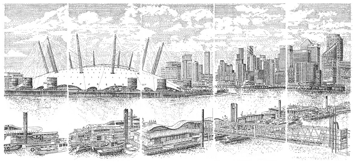 詹姆斯.庫克2021年以打字機創作的作品〈從三一浮標碼頭眺望的倫敦景色〉。詹姆斯.庫克提供。