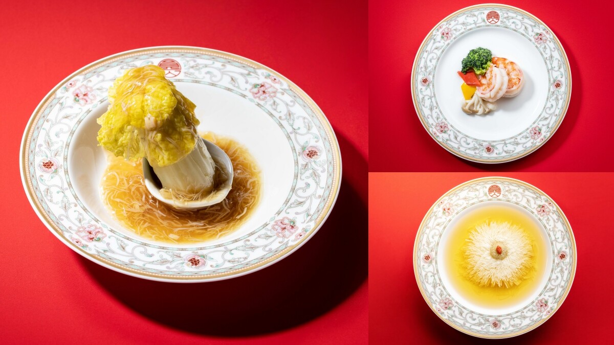 「時差旅行」路線A邀旅人品味國宴文化餐,圖中為李登輝總統任內國宴餐點《翠玉白菜》《翡翠玻璃蝦球》《芙蓉千絲繡球湯》© TPAC