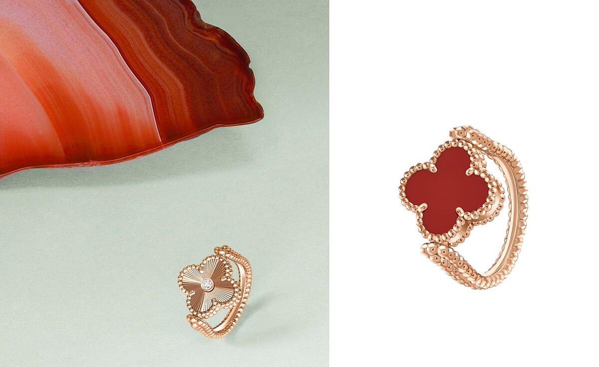 Alhambra雙面戒指(玫瑰金、璣鏤雕花玫瑰金、紅玉髓、鑽石)。