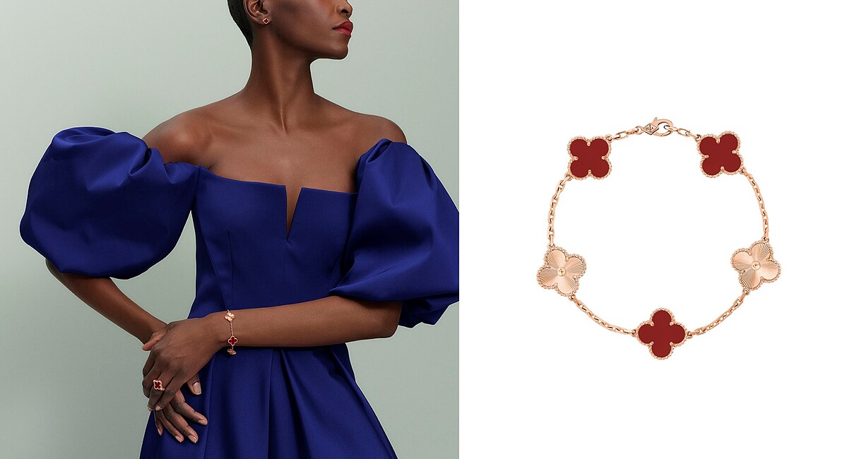 Alhambra手鍊，5枚四葉幸運圖騰(玫瑰金、璣鏤雕花玫瑰金、紅玉髓)。