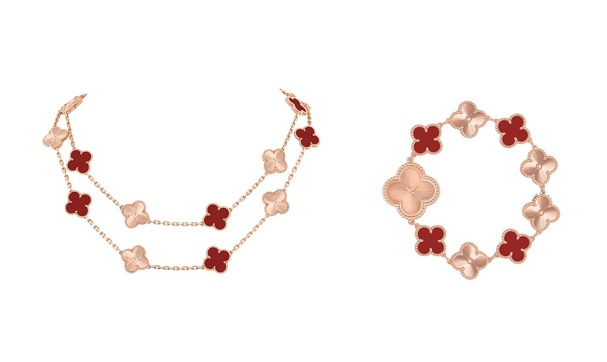 Alhambra項鍊，20枚四葉幸運圖騰(玫瑰金、璣鏤雕花玫瑰金、紅玉髓)、Sweet Alhambra腕錶(璣鏤雕花玫瑰金、紅玉髓、瑞士石英機芯)。