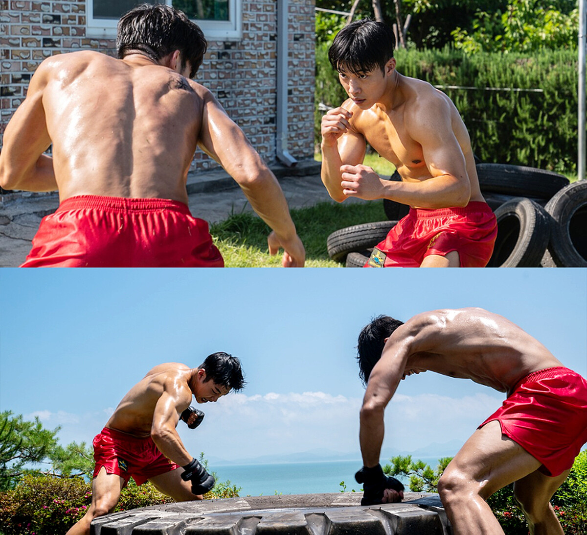 禹棹奐李相二在《獵犬》裡穿著海軍陸戰隊小紅褲練拳吸睛