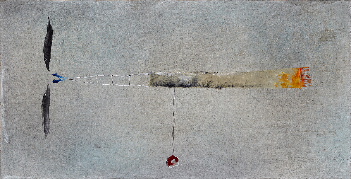 Airplane with orange tail,2016,87x171cm,Mixed media and collage(fabric) on burlap and wood