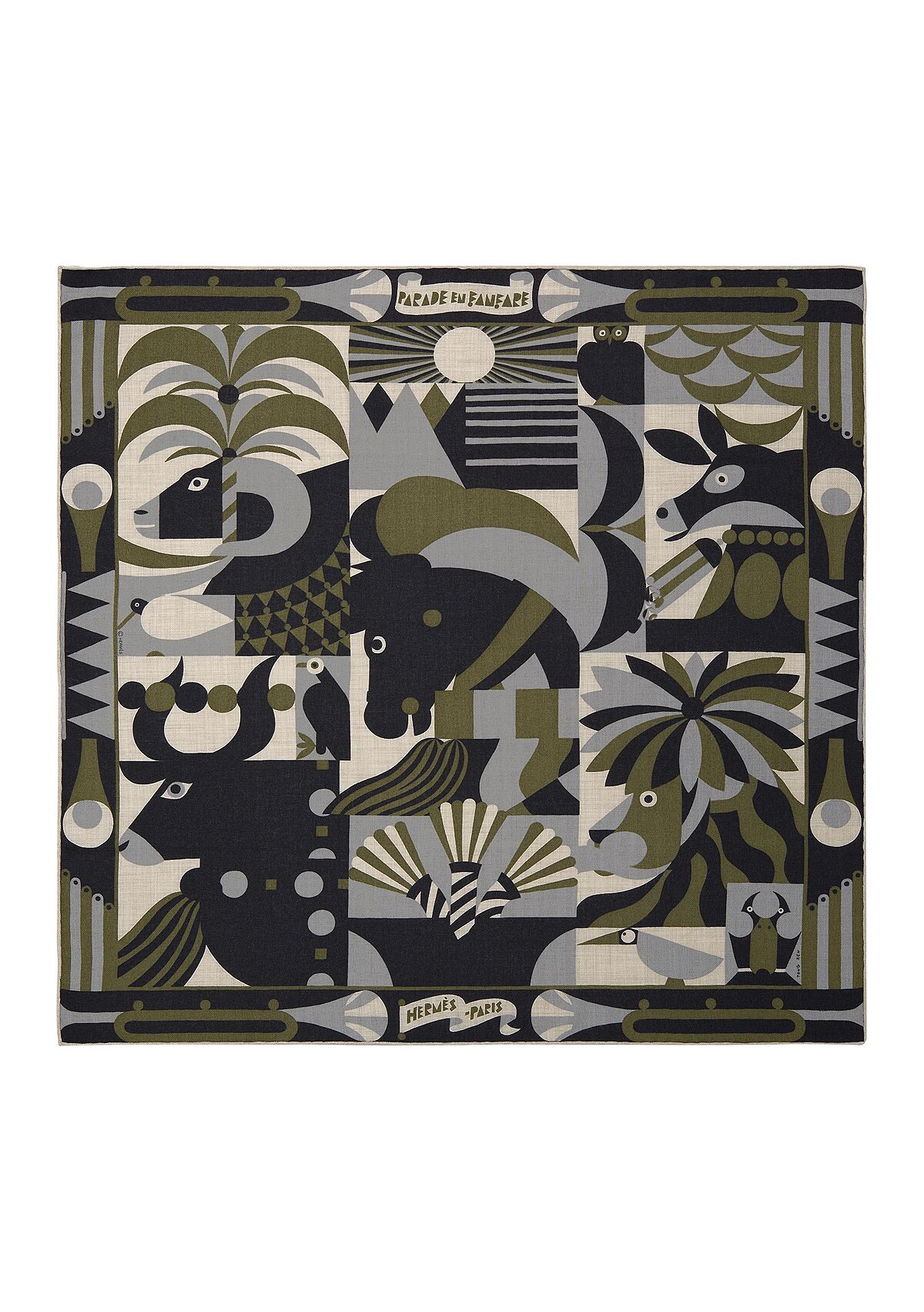 Parade en fanfare圖紋印花喀什米爾羊絨與真絲混紡方巾65 公分，14,200元。