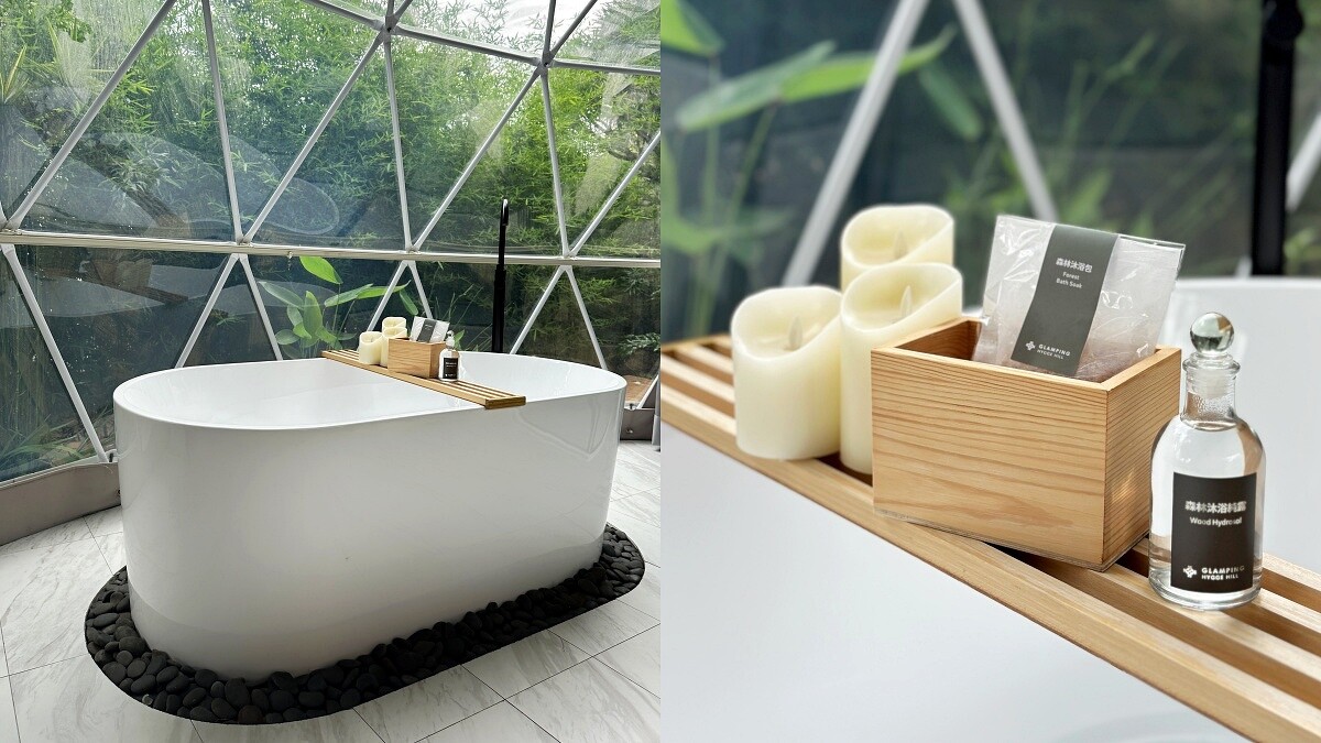 浴缸上提供森林沐浴純露、森林沐浴包，能好好泡一回木質調的放鬆澡！