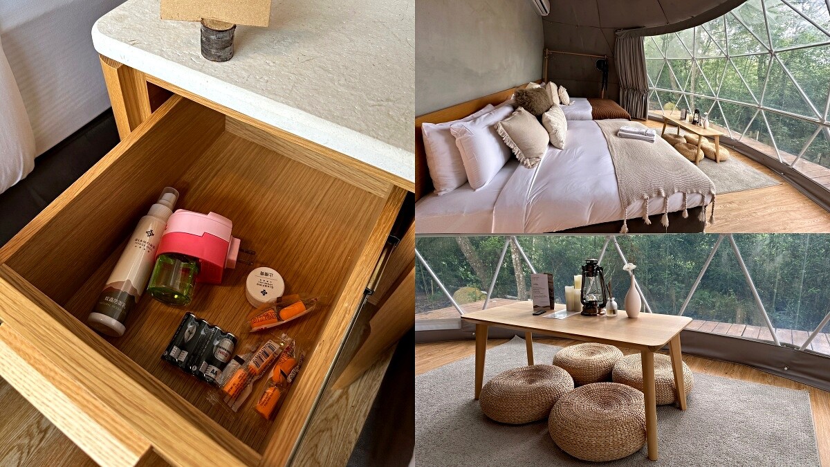 帳篷內貼心放置耳塞、液體電蚊香，為旅客營造良好睡眠品質