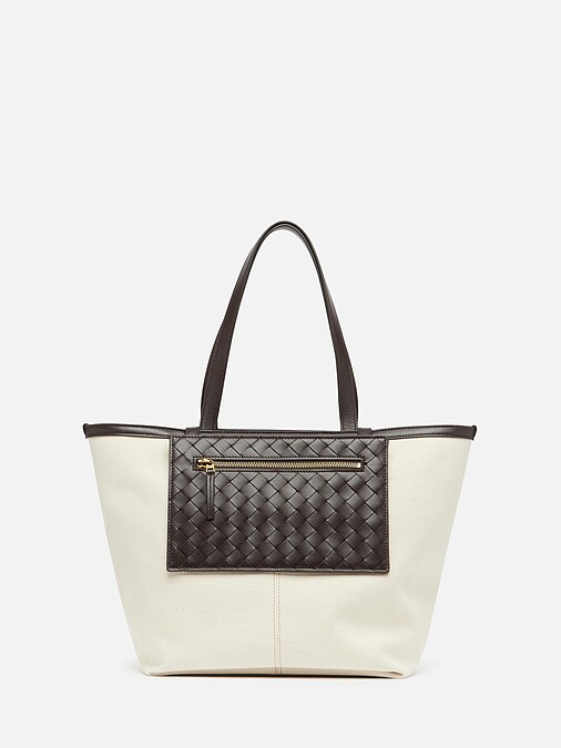 Flip Flap 皮革編織帆布托特包，NT77,000。