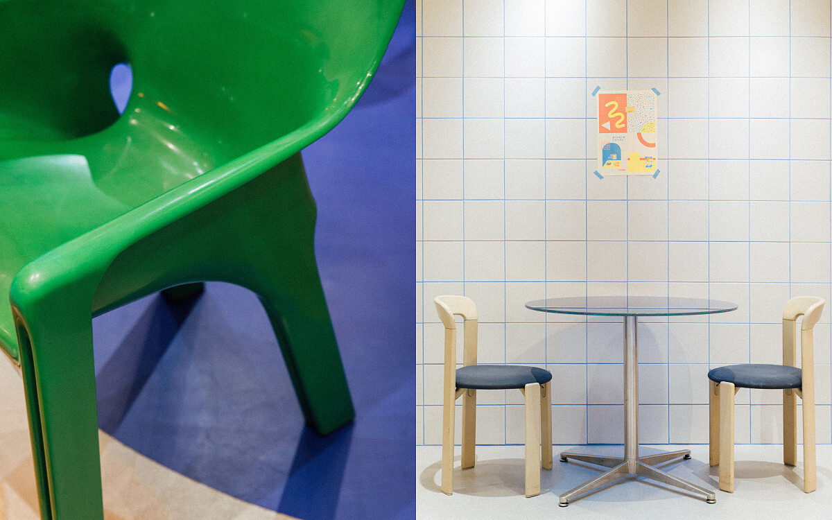 綠色 Gaudi Armchairs 與 Bruno Rey chair。