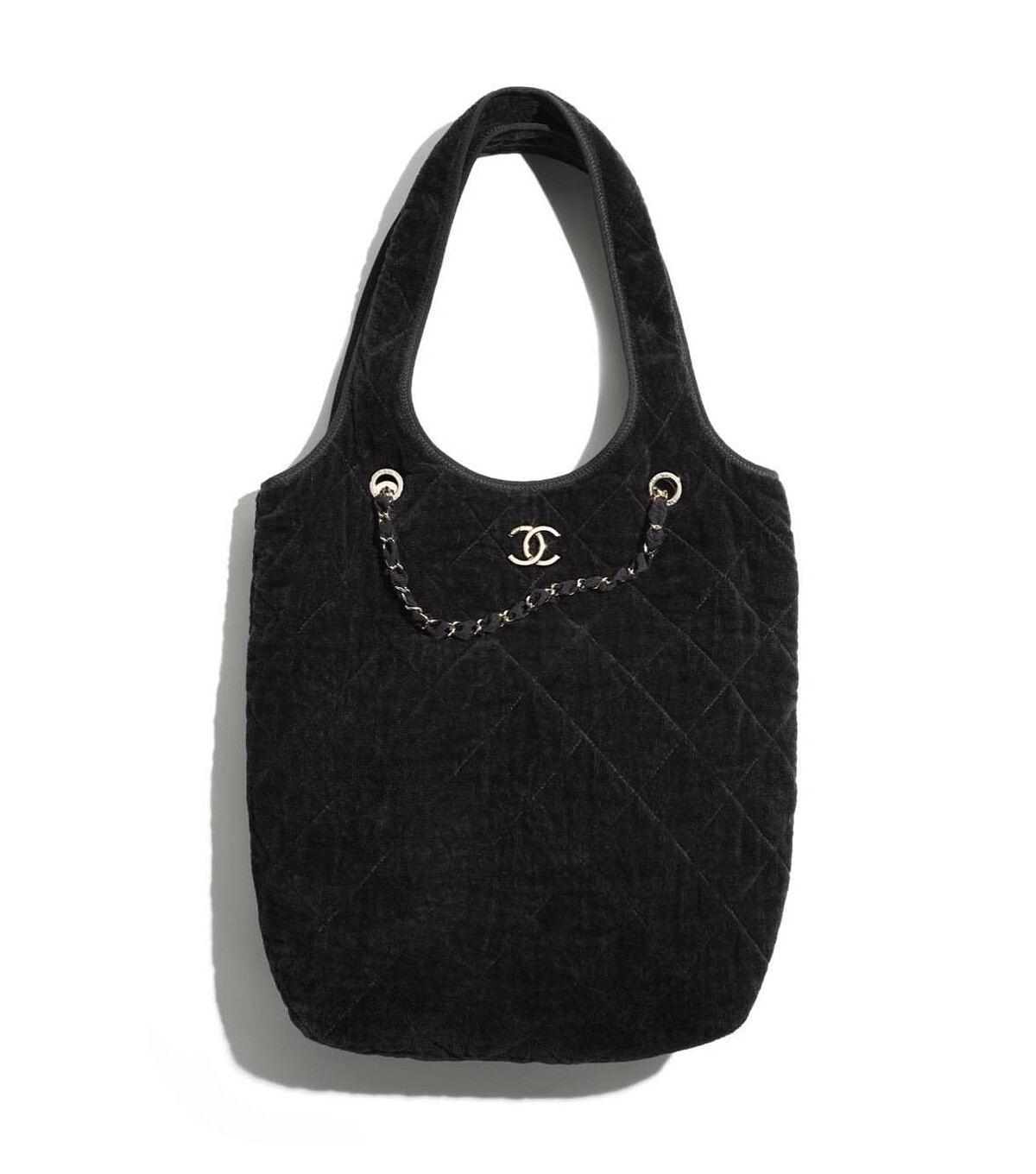 黑色絨布菱格紋皮穿鍊小型購物包，NT164,800。