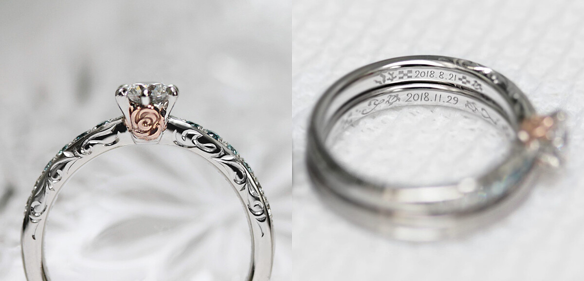 以沖繩為主題的訂製鑽戒，將求婚當日的海景與花束都凝縮於指間之中。