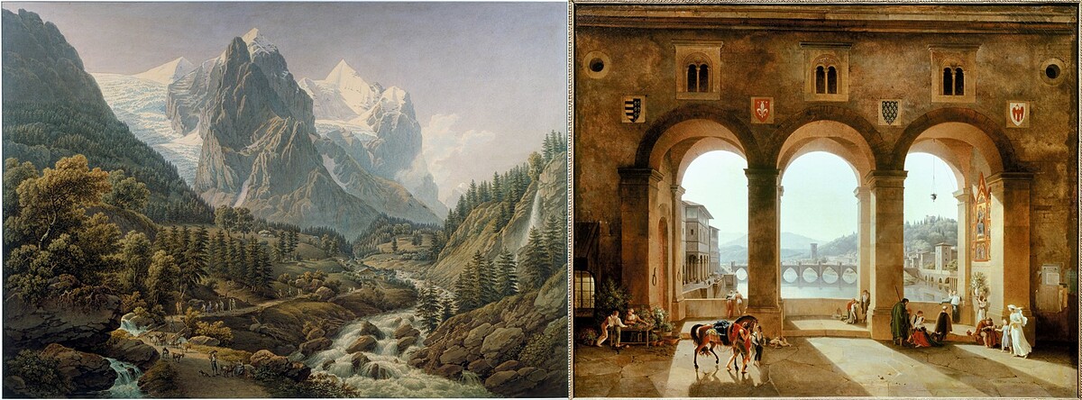 左：加布里埃爾&bull;洛裡(Gabriel Lory the Elder)，《維特霍恩峰與羅塞拉維山谷》(Wetterhorn and Rosenlaui》(細節)，1817年，水彩，52 &times; 74釐米。伯爾尼美術館。&copy; akg-images / Andr&eacute; Held. 右：蘭斯洛特&bull;西奧多&bull;特平&bull;德&bull;克里塞(Lancelot-Th&eacute;odore Turpin de Criss&eacute;)，《佛羅倫斯老橋之景》(View of Florence，Ponte Vecchio)(細節)，1812年，布面油畫，76 &times; 97釐米。呂埃-瑪律邁松，瑪律邁松與布瓦普萊城堡。&copy; 照片何塞 / 收藏。