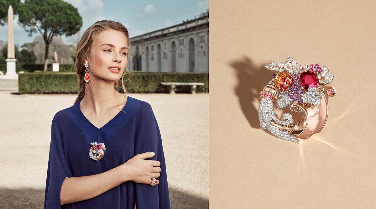 左：&copy; Van Cleef & Arpels SA_Photographe_Marc-de-groot_ArtDirector-Gaspard_Yurkievich-and-Guido_Voss (3)；右：Cornucopia胸針&copy; Van Cleef & Arpels - In&egrave;s Dieleman。玫瑰金、白K金、一顆重達12.38克拉的枕形切割紅碧璽、紅寶石、粉紅色藍寶石、錳鋁榴石、紫水晶、鑽石。