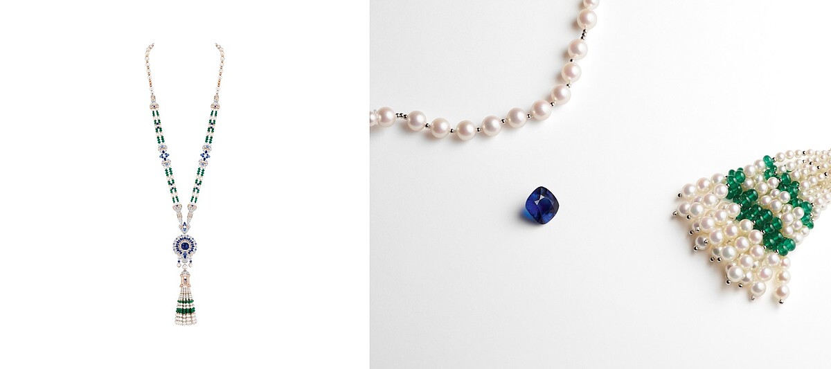 Diana可轉換式長項鍊。白K金、玫瑰金、一顆重達8.55克拉的枕形切割藍寶石(產自馬達加斯加)、藍寶石、祖母綠、白色養殖珍珠、鑽石。
