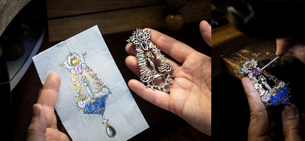 Dea eterna胸針的銀質模型、為Dea eterna胸針鑲嵌粉色藍寶石。