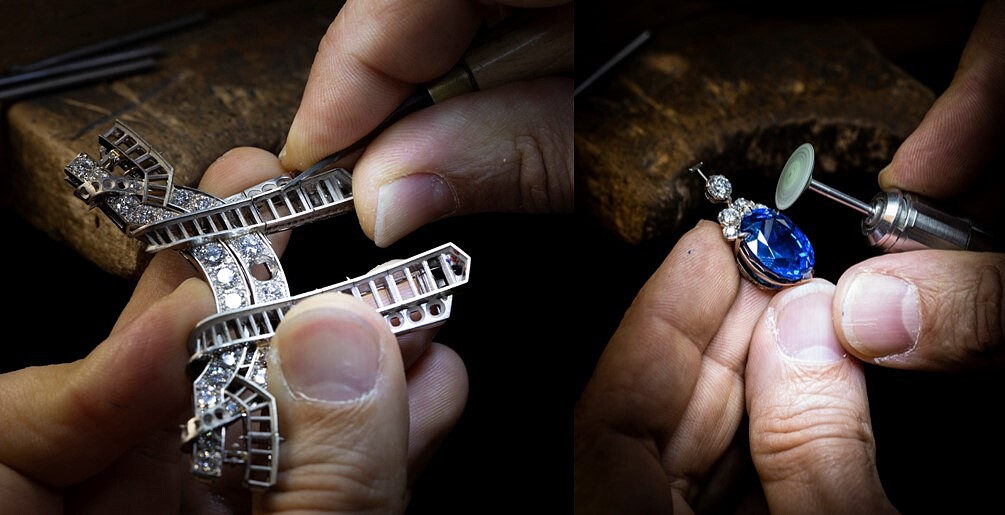 珠寶工匠為Laurier imp&eacute;rial胸針上的鑲座進行絲線拋光、替鑲嵌部分拋光。