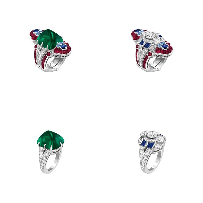 Jeu de colombage可轉換式戒指。白K金、一顆重達13.35克拉的糖塔形切割祖母綠(產自哥倫比亞)、紅寶石、藍寶石、鑽石；拆卸中間主石、周圍珠寶與彩寶部分則呈現出不同樣貌。