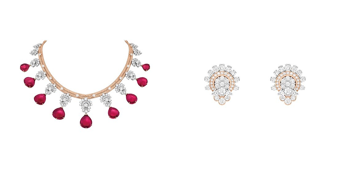 Villanova項鍊與耳環 及可拆卸式吊墜白K金、玫瑰金、九顆總重達110.04克拉的凸圓形切割紅碧璽、鑽石。