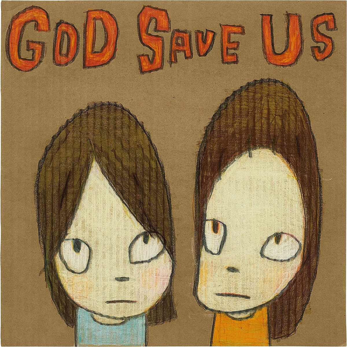 奈良美智《上帝救救我們》 ，彩色鉛筆卡紙 2012 年作，32 x 32 公分