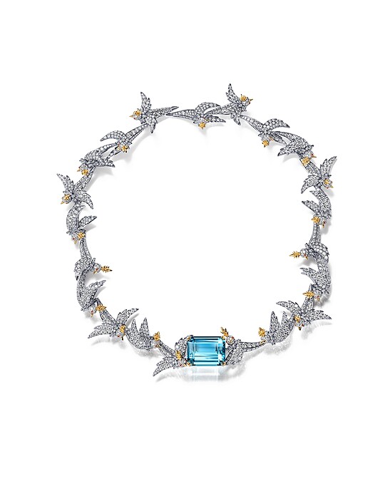 Schlumberger by Tiffany _ Co.石上鳥系列 - 鉑金與18K金鑲嵌總重逾32克拉海水藍寶主石項鍊 