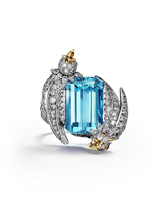 Schlumberger by Tiffany _ Co.石上鳥系列 - 鉑金與18K金鑲嵌總重逾11克拉海水藍寶主石戒指