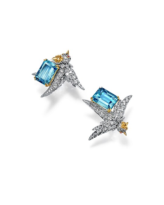 Schlumberger by Tiffany _ Co.石上鳥系列 - 鉑金與18K金鑲嵌海水藍寶與鑽石耳環