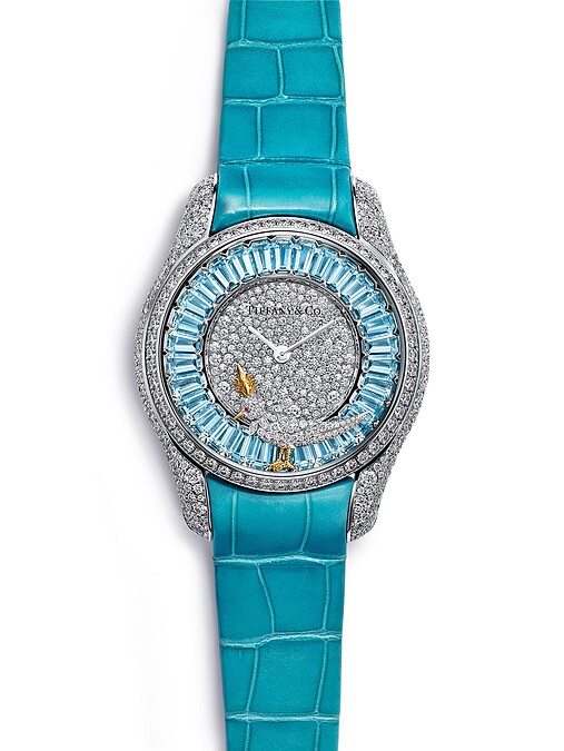 Schlumberger by Tiffany _ Co.石上鳥腕錶 - 36毫米, 錶盤鑲嵌海藍寶石與美鑽搭配藍綠色珍稀鱷魚皮錶帶