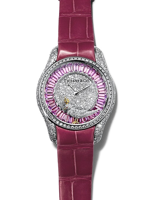 Schlumberger by Tiffany _ Co.石上鳥腕錶 - 36毫米, 錶盤鑲嵌粉紅剛玉與美鑽搭配紅色珍稀鱷魚皮錶帶
