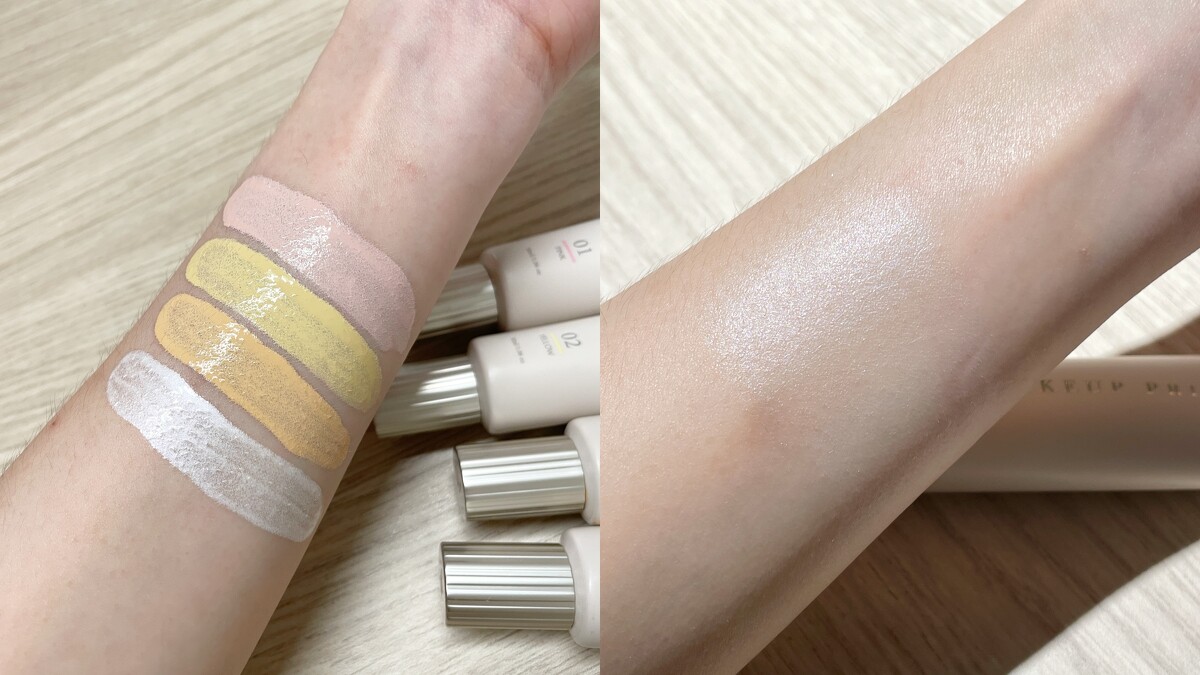 A.M. Fairyland 不關燈・光透校色妝前乳4色試色，右為新色「光」試色。