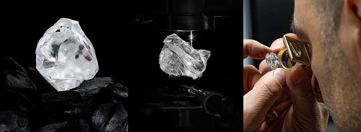 左：&copy;IlanTaché_名為「Lesotho Legend」的原石。中：&copy;IlanTaché_Lesotho Legend的解理結構。右：&copy;IlanTaché_調校鑽石的切割面。