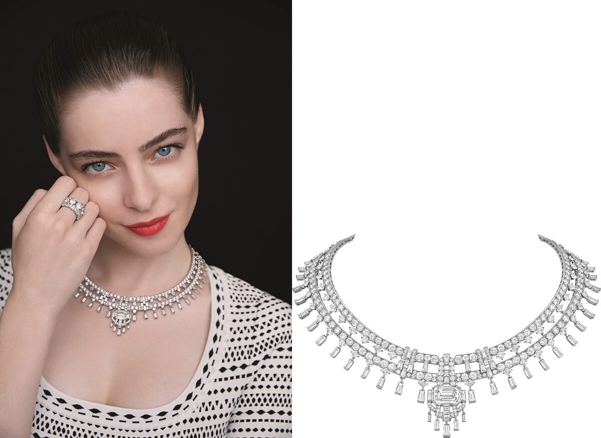 Fabulous Fifties項鍊，白k金、一顆重10.06克拉祖母綠切割dif級2a型鑽石、鑽石。Chemin De Diamants戒指，白K金、一顆重1.21克拉圓形切割EVVS2級鑽石、鑽石。