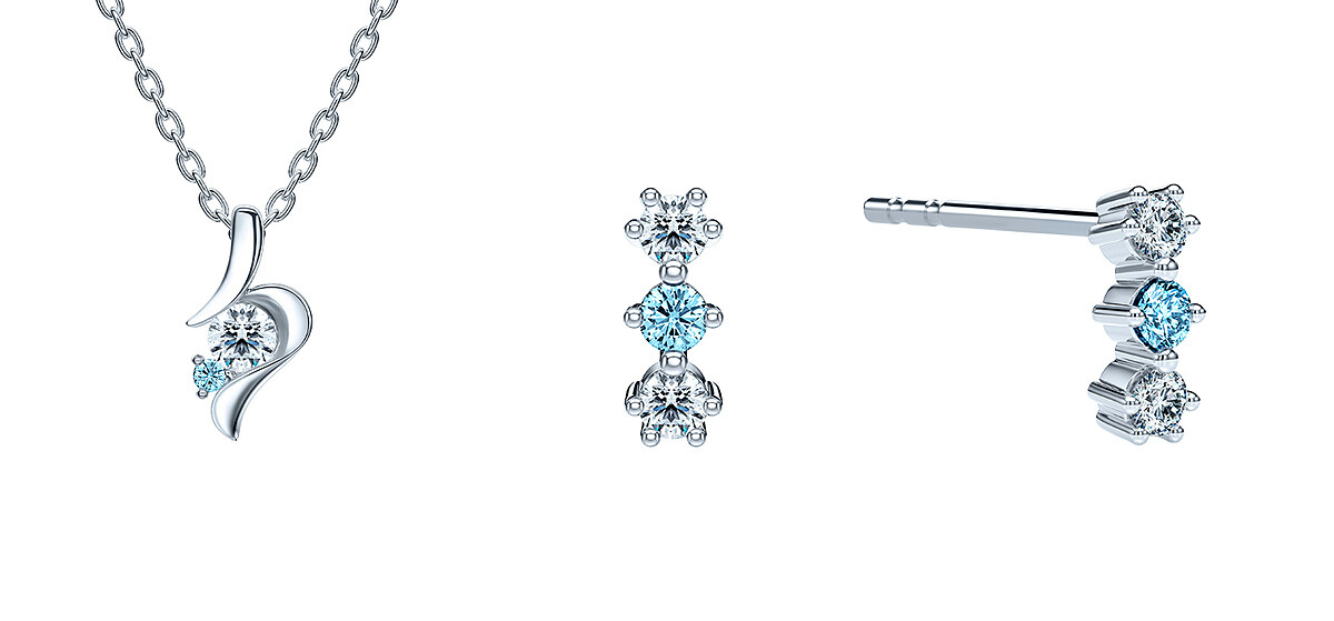 18K藍色戀人鑽石項鍊(NN0866)、18K閃耀藍鑽耳環(EE0866)。