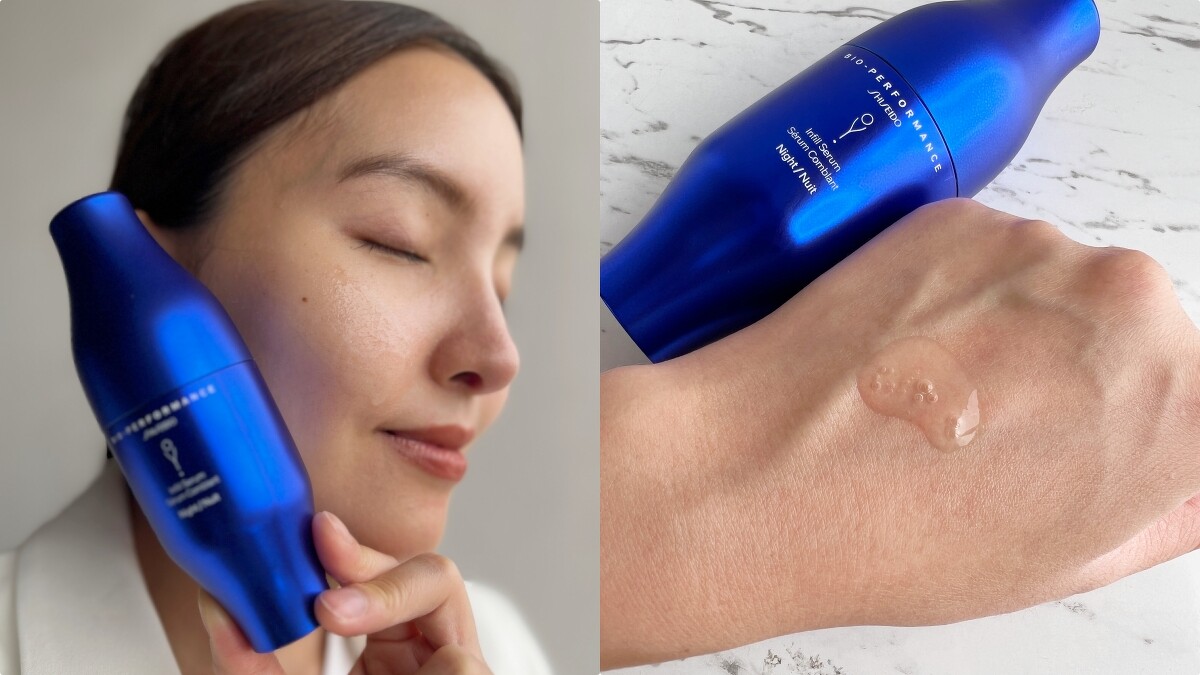 模特兒示範使用資生堂夜間分子玻尿酸精華。