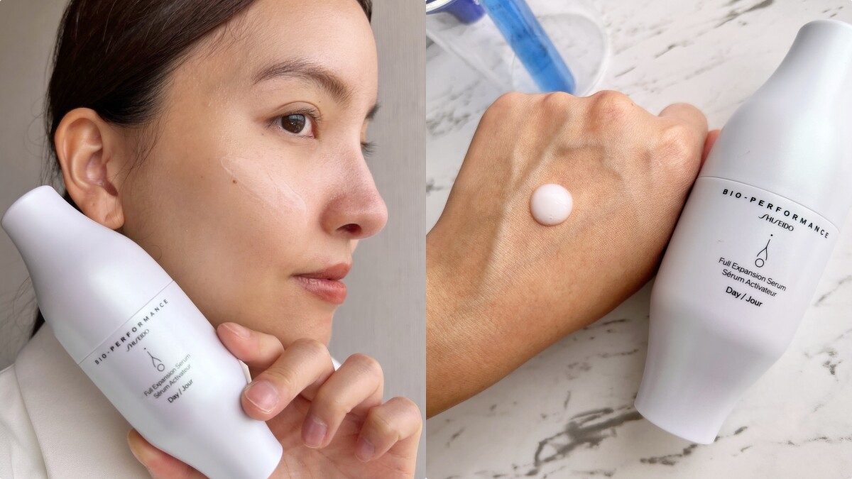 模特兒示範使用資生堂日間分子玻尿酸精華。