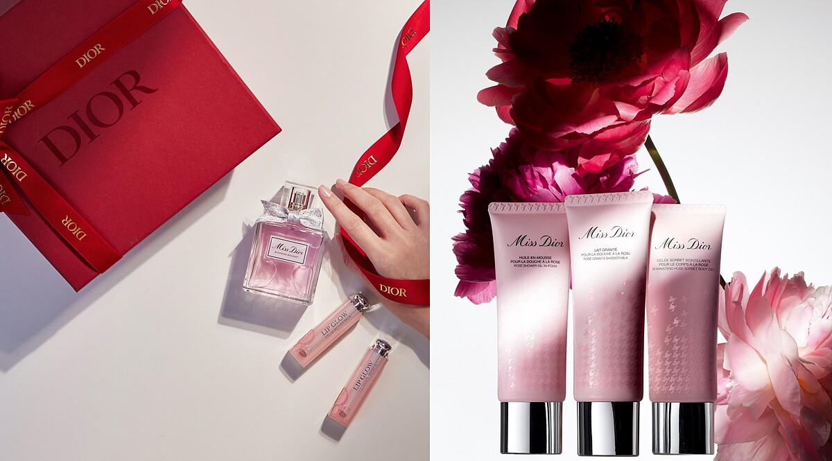 迪奧Miss Dior花漾迪奧淡香水50ml NT$3,750；迪奧Miss Dior玫瑰晶亮凝霜、迪奧Miss Dior玫瑰泡泡沐浴露、迪奧Miss Dior玫瑰去角質乳霜，75ml NT$2,000。