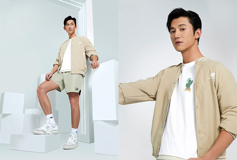 杏色、灰綠色和基本款白色混合出的柔和配色，吳慷仁踏著一雙灰白色的550完美詮釋了復古籃球鞋的與時俱進，成為今夏不可能失誤的造型風格。(BB550NEA $3,680)