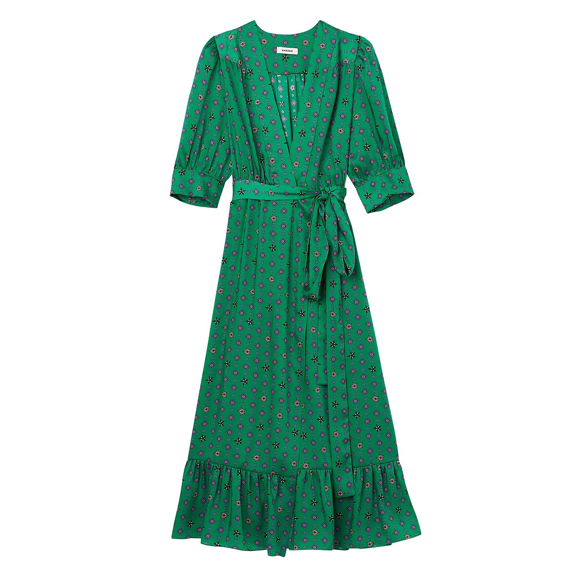 SANDRO 綠色印花綁帶長洋裝，價格店洽。