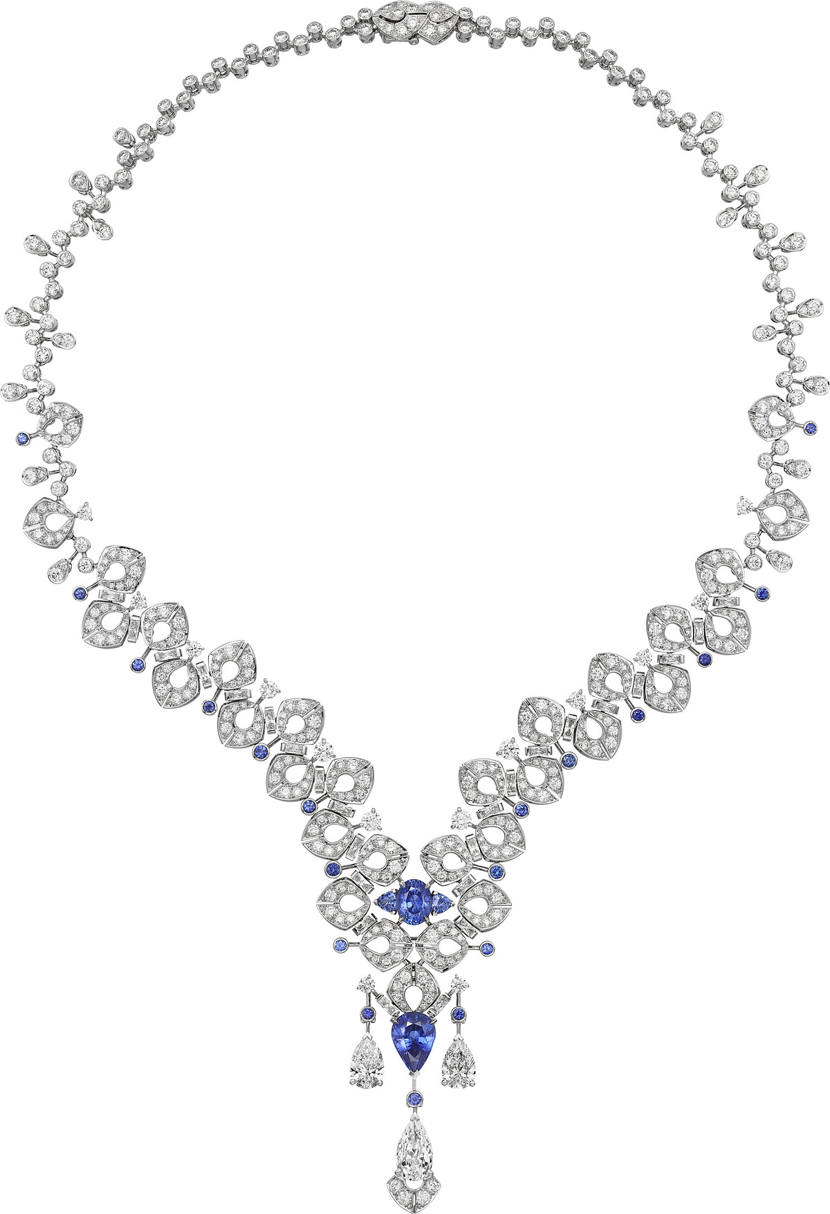 Onja在馬達加斯加語意為「震波起伏」， 呼應這組首飾的設計及其輕盈曲線。白K金、一顆4.12克拉錫蘭梨形藍寶石、一顆產自馬達加斯加2.32克拉橢圓形藍寶石、三顆梨形鑽石總重4.10克拉、三角形藍寶石、明亮式切割藍寶石、長方形和明亮式切割鑽石。參考價格約NT$ 33,000,000