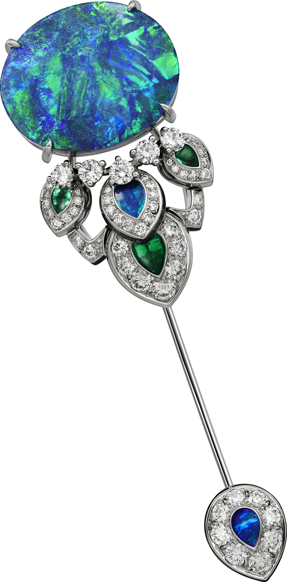 鉑金、一顆來自尚比亞的21.18 克拉橢圓形凸圓面切割祖母綠、兩顆來自澳洲的橢圓形凸圓面切割礫背蛋白石，總重22.78 克拉，祖母綠、蛋白石、黑色真漆、明亮式切割鑽石。主蛋白石可拆卸作為單獨的胸針配戴。參考價格約NT$ 57,000,000