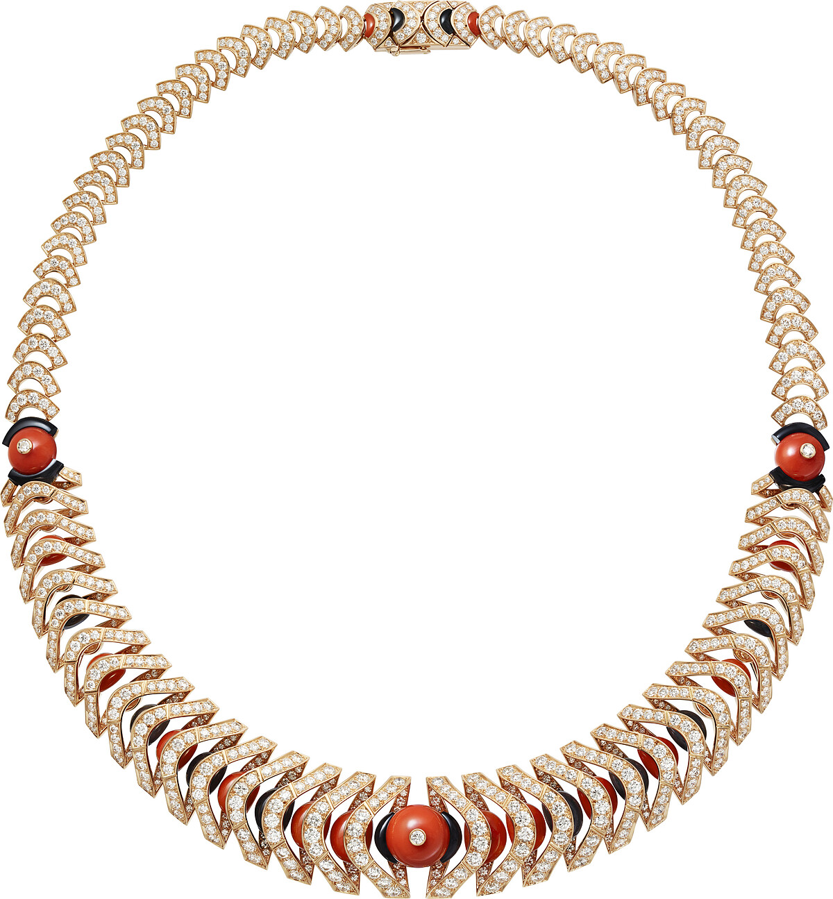 玫瑰金，珊瑚圓珠，珊瑚和縞瑪瑙圖案，圓形明亮式切割鑽石。參考價格約NT$ 12,000,000