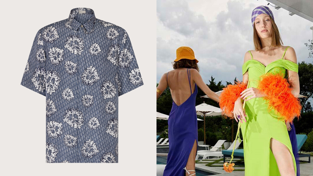 （左）Dior單寧藍OBLIQUE印花短袖襯衫、（右）VERA WANG GILANA雪紡長禮服。