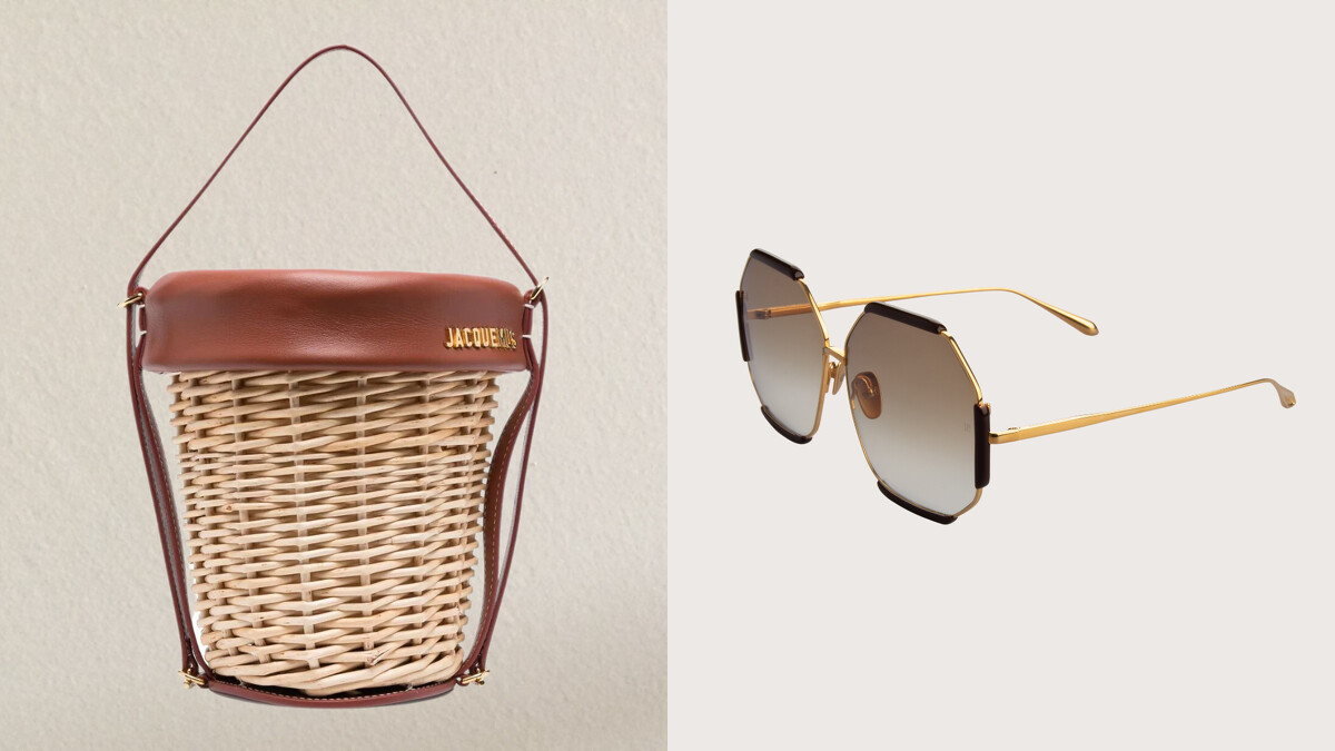 （左）TRENDS JACQUEMUS藤編水桶包、（右）2020 EYEHAUS LINDA FARROW MARGOT系列黑金配色太陽眼鏡。