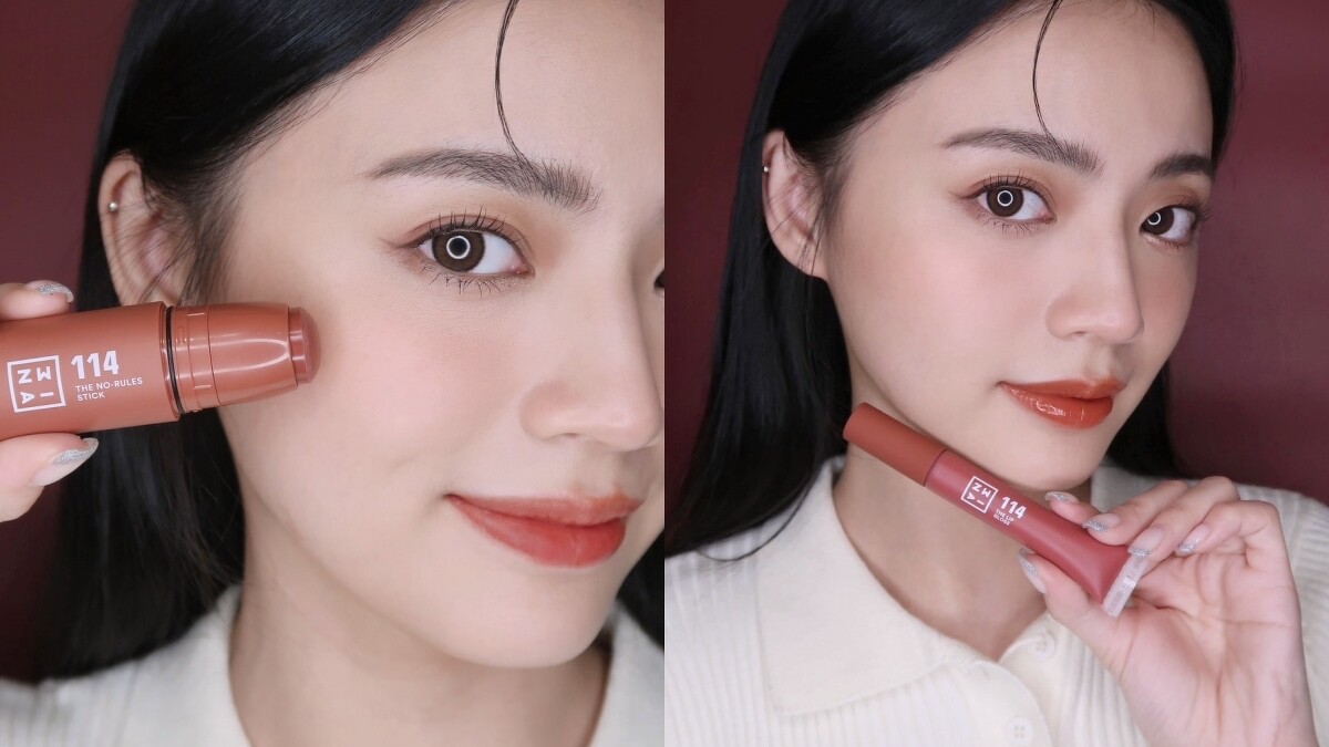 3INA(左)零色限唇頰棒與(右)濾鏡光感唇蜜試色。