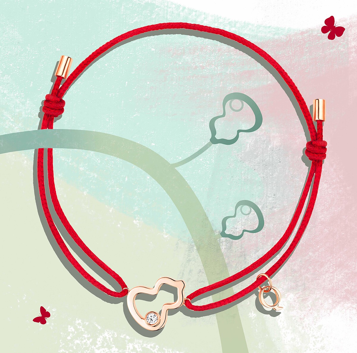 Qeelin_Xiao Q 系列 Wulu 18K玫瑰金鑲鑽紅繩手鍊 _NTD24,000