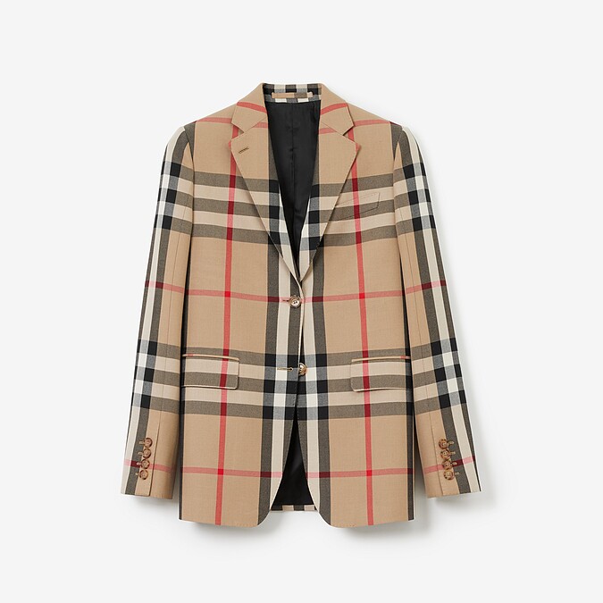Burberry 格紋羊毛棉質緹花量裁外套 (典藏米色) ,NT69,000。