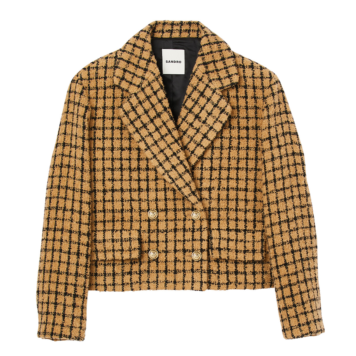 SANDRO卡其色格紋雙排扣西裝外套,價格店洽。