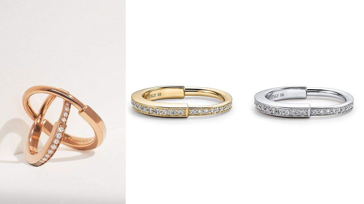 (左至右)Tiffany Lock 18K玫瑰金舖鑲鑽石戒指、Tiffany Lock 18K玫瑰金戒指、Tiffany Lock 18K金半鋪鑲鑽戒、Tiffany Lock18K白金全鋪鑲鑽戒。